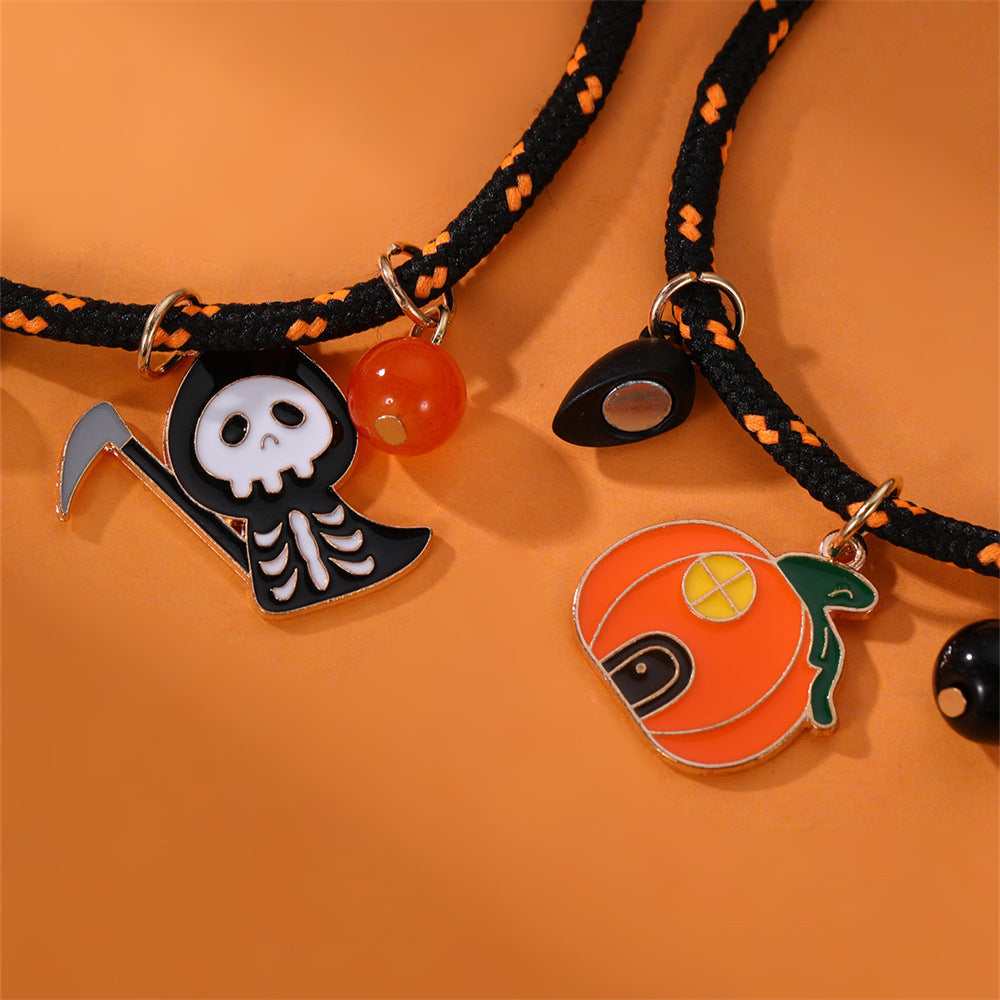 Halloween Bracelet Set – Pumpkin & Skull Magnetic Couple Rope Bracelets