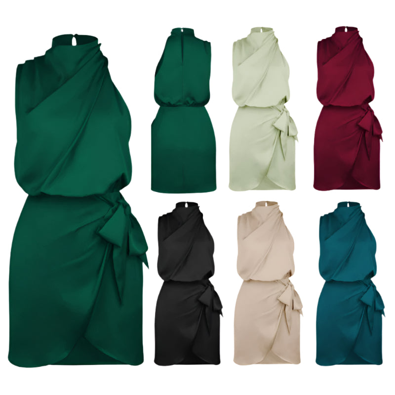 Elegant Halter Neck Sleeveless Party Dress – Waist-Tied Short Dress for Women