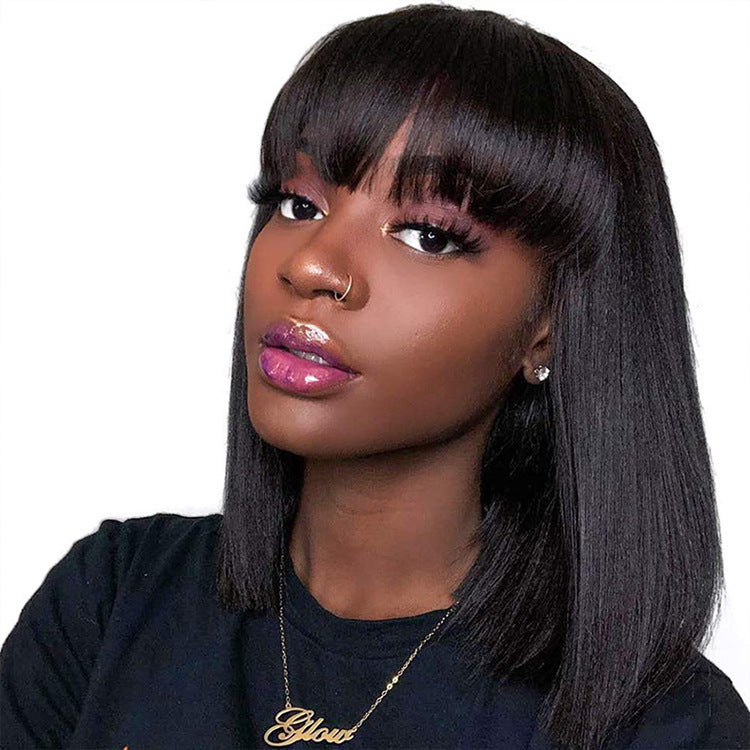 SLT Put On and Go Realistic Glueless Straight Bob Wig with Bangs 100%Human Hair