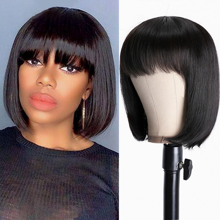 SLT Put On and Go Realistic Glueless Straight Bob Wig with Bangs 100%Human Hair