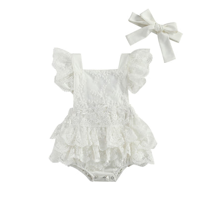 Baby Girl Ruffle sleeve Lace Romper + Headband