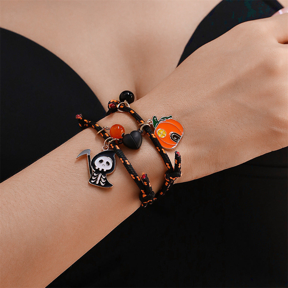 Halloween Bracelet Set – Pumpkin & Skull Magnetic Couple Rope Bracelets