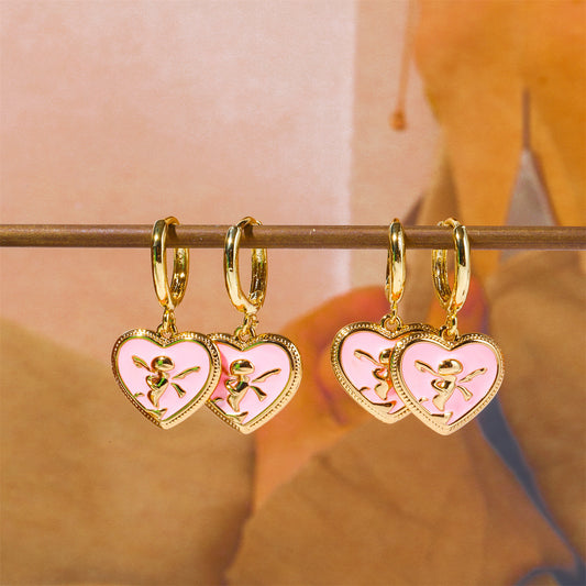 Pink Golden Angel Heart Shaped Earrings