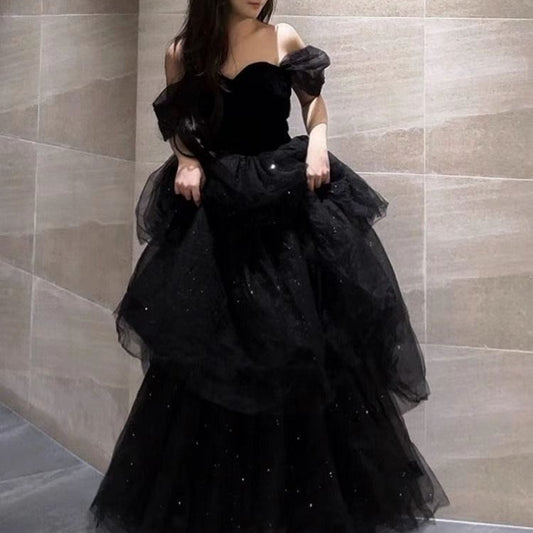 Off Shoulder Black Tulle Wedding Prom Dinner Dress