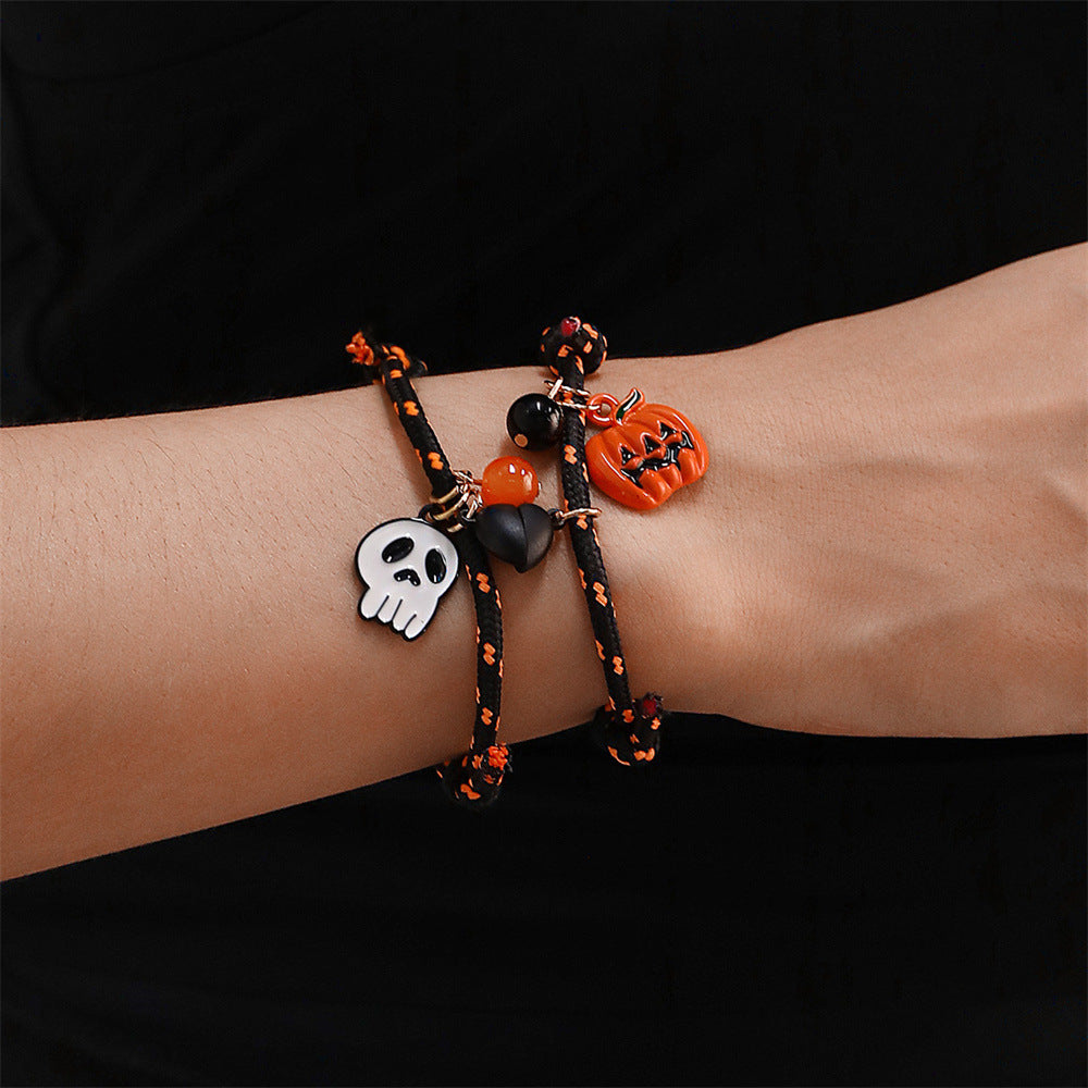Halloween Bracelet Set – Pumpkin & Skull Magnetic Couple Rope Bracelets