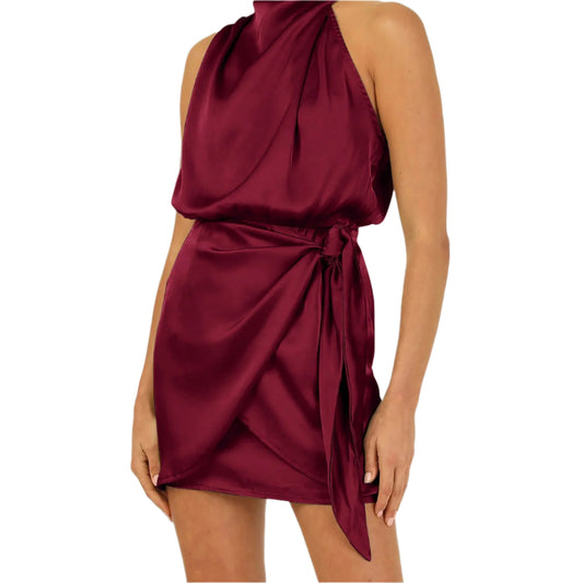 Elegant Halter Neck Sleeveless Party Dress – Waist-Tied Short Dress for Women