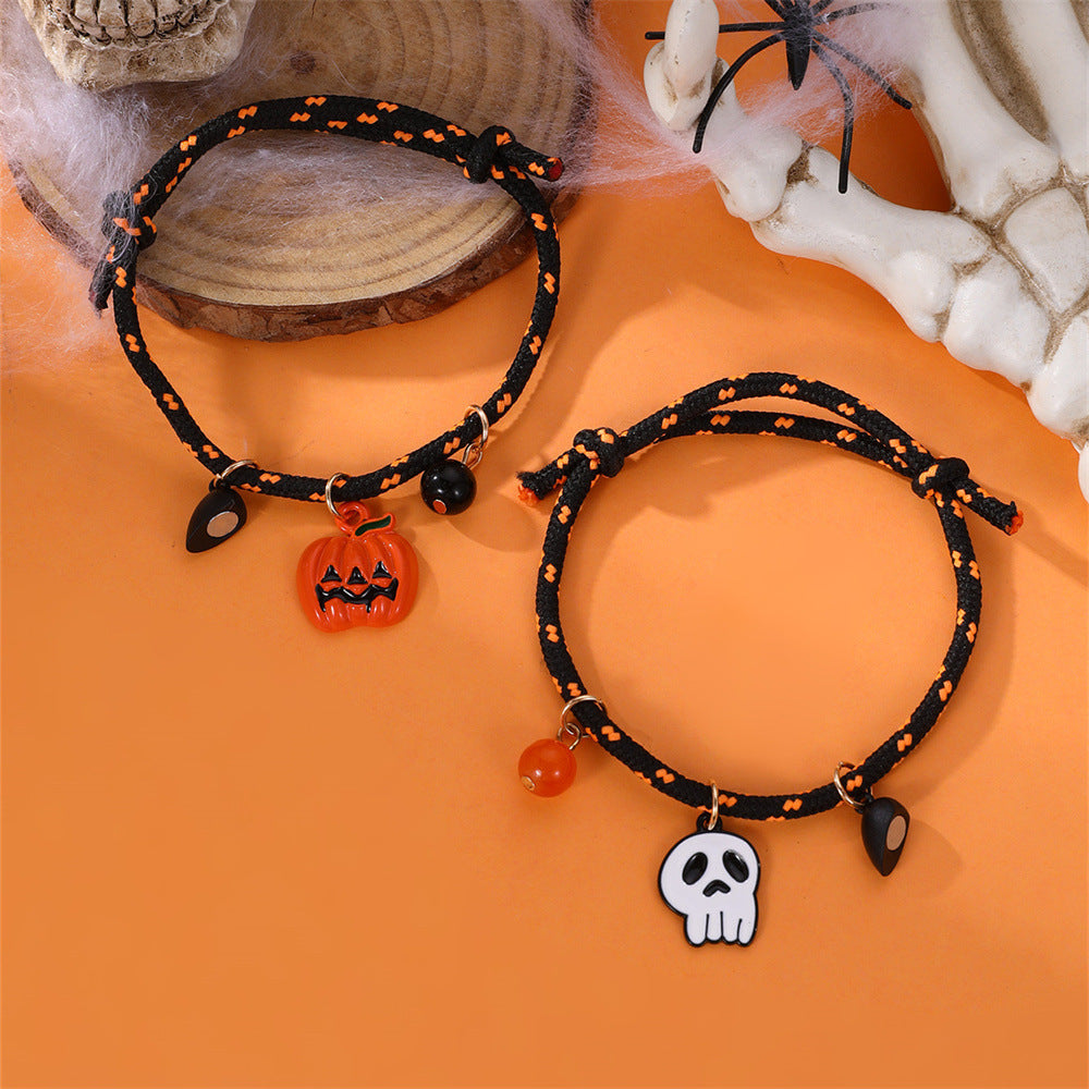Halloween Bracelet Set – Pumpkin & Skull Magnetic Couple Rope Bracelets