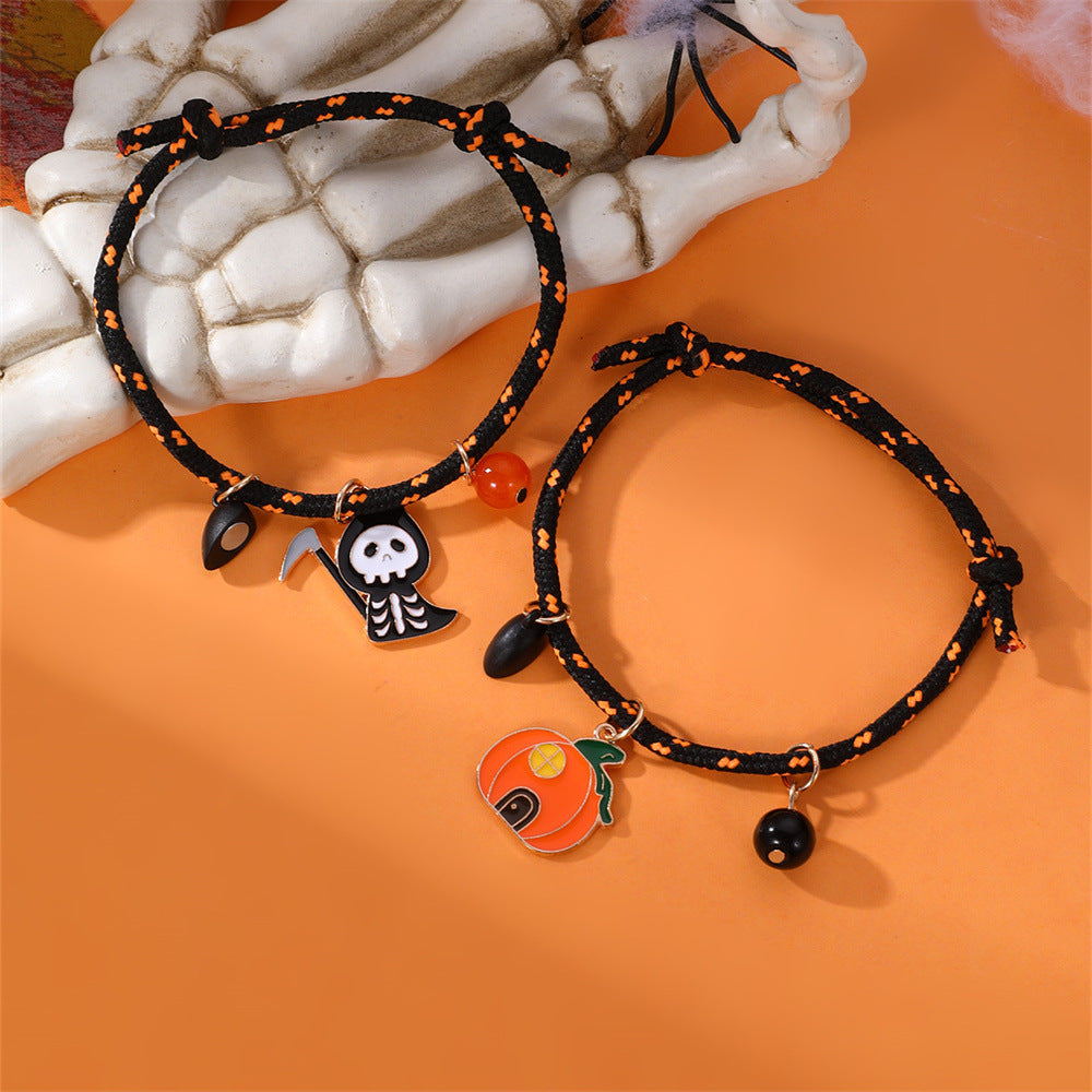Halloween Bracelet Set – Pumpkin & Skull Magnetic Couple Rope Bracelets
