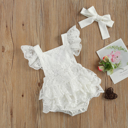 Baby Girl Ruffle sleeve Lace Romper + Headband