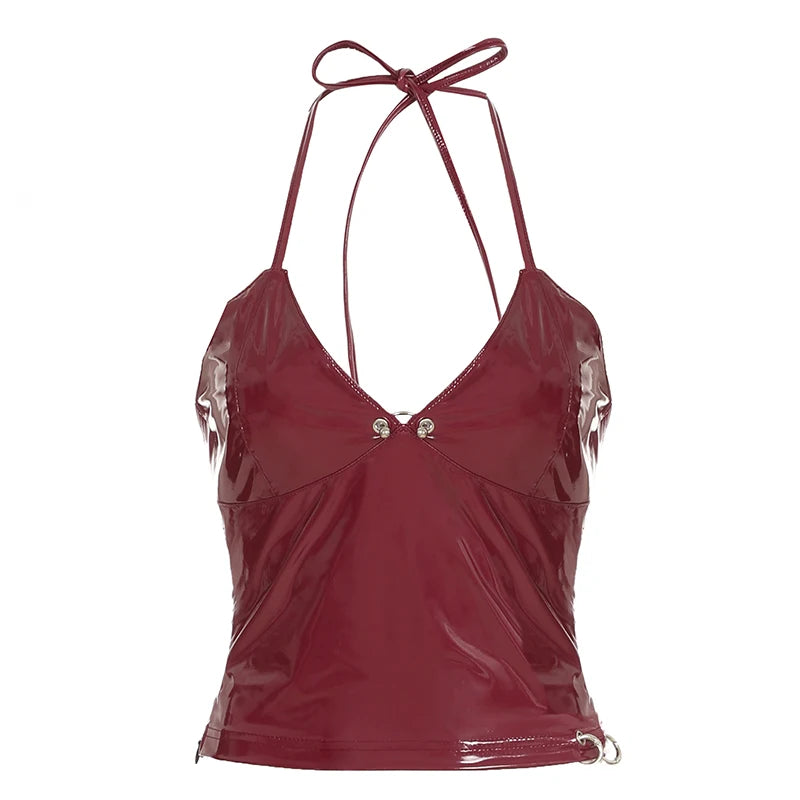 Solid Metal Women’s Sleeveless Pu Leather Top