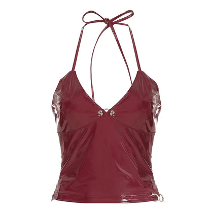 Solid Metal Women’s Sleeveless Pu Leather Top