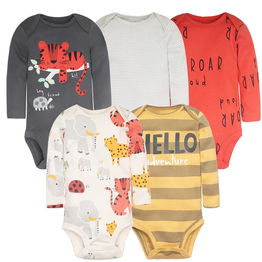 Soft Cotton Baby Bodysuits Set – 3 to 5 PCS Long Sleeve Infant Romper for Boys & Girls - Cute Cartoon Jumpsuit for All Seasons