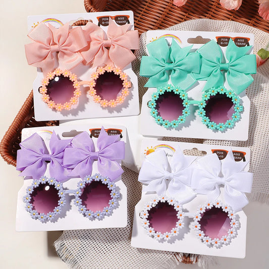 3-Piece Cheer Bow Hair Clip & Retro Flower Sunglasses Set – Handmade Cute Kids Accessories