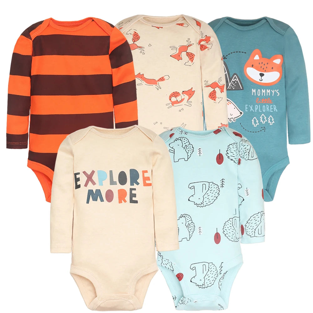Soft Cotton Baby Bodysuits Set – 3 to 5 PCS Long Sleeve Infant Romper for Boys & Girls - Cute Cartoon Jumpsuit for All Seasons
