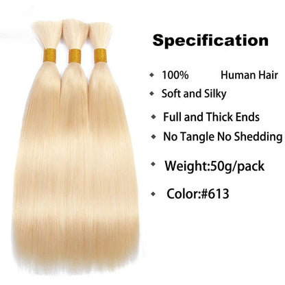 100% Human Hair Extensions Blonde ~613 Straight Hair Bulk For Braiding ~No Weft