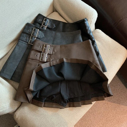 Women Vintage Mini Leather Pleated Skirt