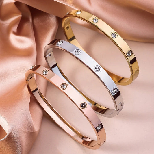 18K Platinum Plated Stainless Steel Diamond Oval Bangle Set