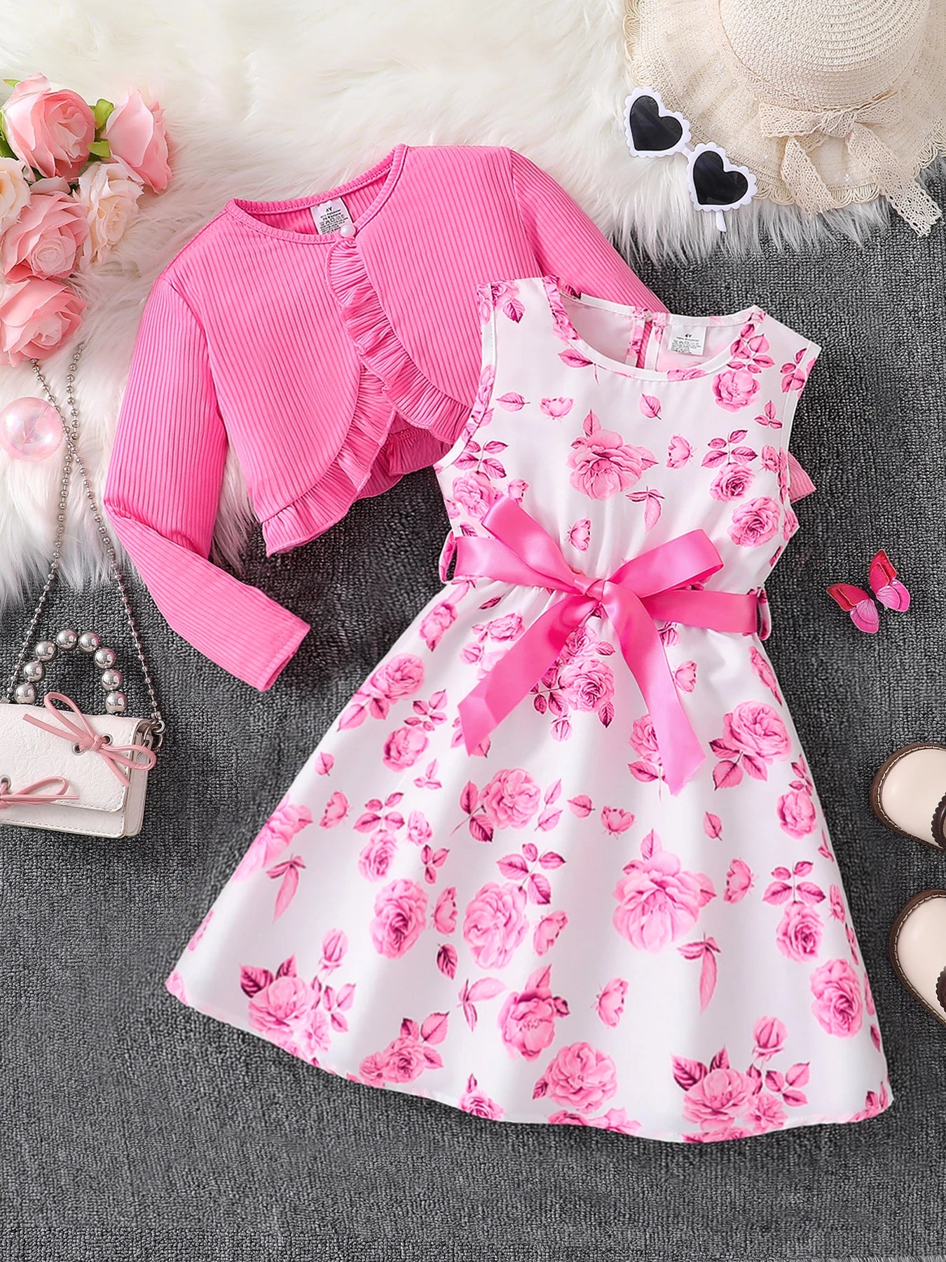 Chic Autumn Floral Dress Set for Girls – 2-Piece Long Sleeve Vest &amp; Skirt Outfit