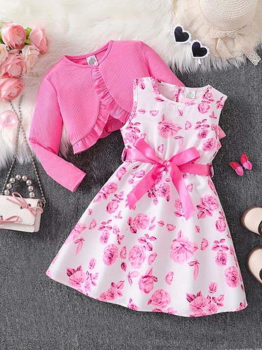Chic Autumn Floral Dress Set for Girls – 2-Piece Long Sleeve Vest &amp; Skirt Outfit