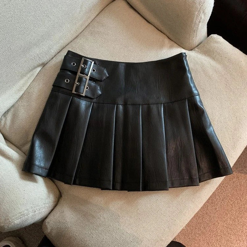 Women Vintage Mini Leather Pleated Skirt