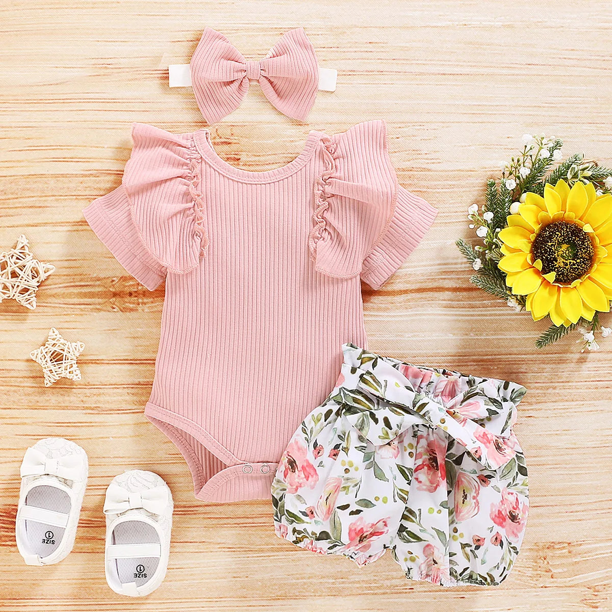 Adorable Baby Girl Summer Outfit Set – Floral Print Ruffle Top with Matching Headband & Shoes | Sizes 3M–24M