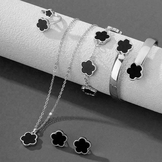 Lucky Five-Petal Flower Jewelry Set for Women – 5pcs Fashion Necklace, Earrings, Ring, Bracelet- Anniversary & Birthday Gift