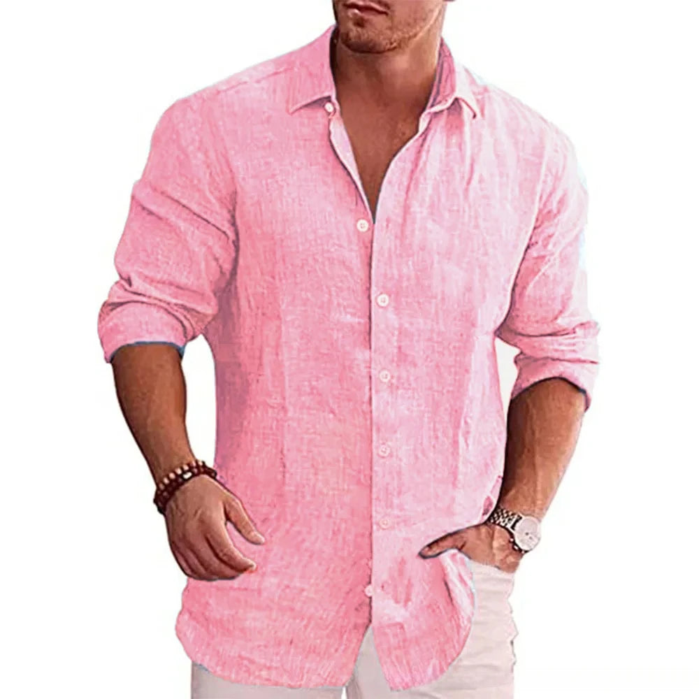 Men’s Casual Long Sleeve Cotton Linen Shirt – Lightweight Breathable Spring & Autumn Button-Down Top