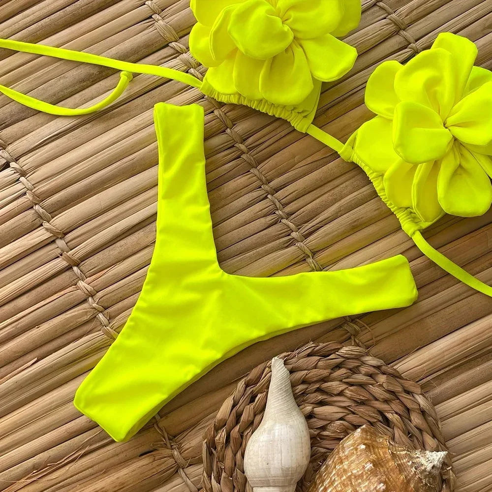 Sexy Floral Lace-Up Micro Bikini Set for Women – 2025 Brazilian Thong Swimwear, Push-Up Two-Piece Beach Bathing Suit