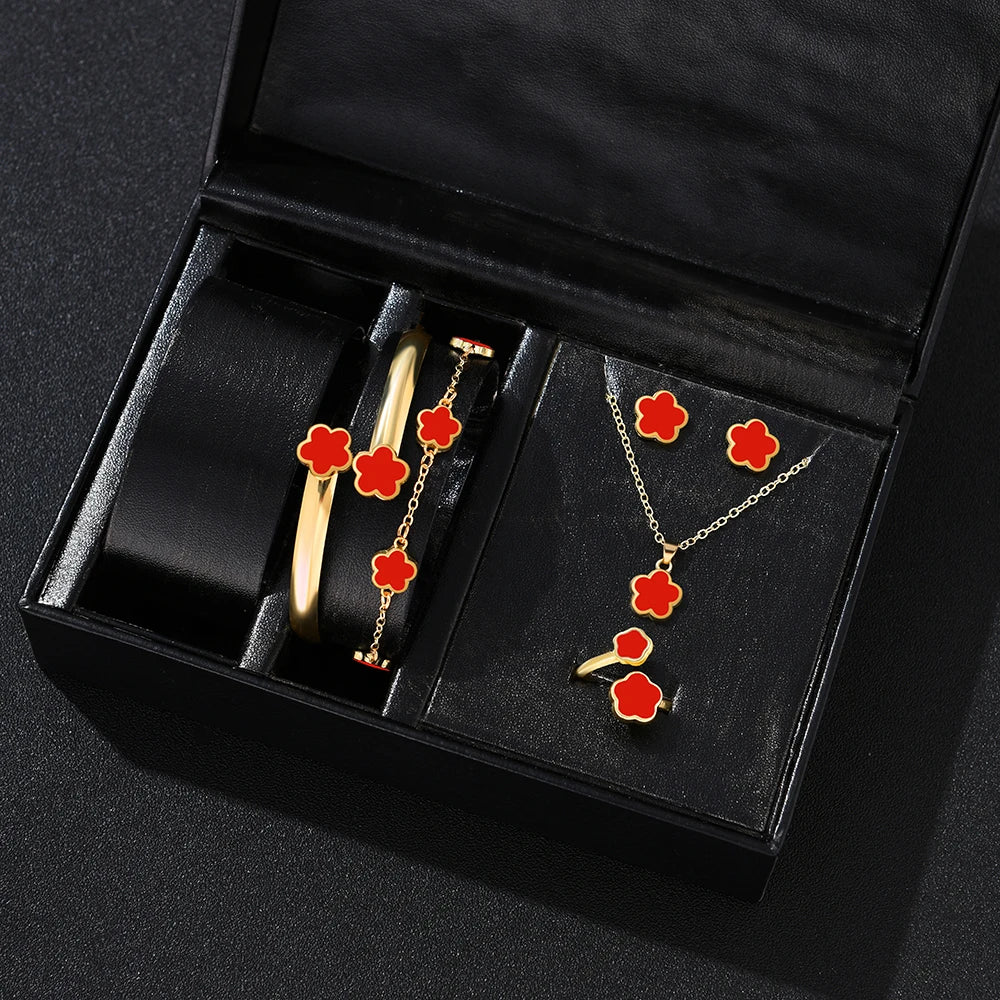 Lucky Five-Petal Flower Jewelry Set for Women – 5pcs Fashion Necklace, Earrings, Ring, Bracelet- Anniversary & Birthday Gift