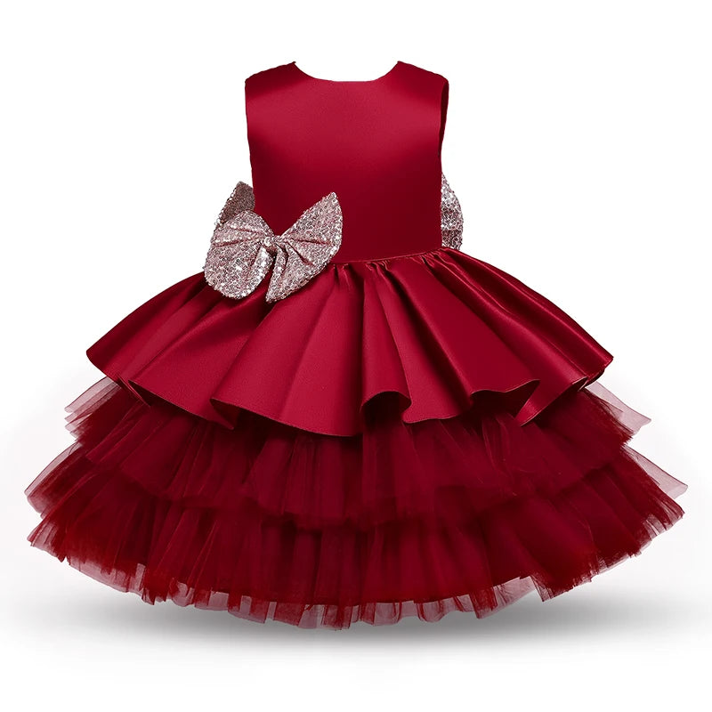 Elegant Bow Backless Christmas & Birthday Party Dress for Girls – Sleeveless Knee-Length Princess Ball Gown (1–3Y)