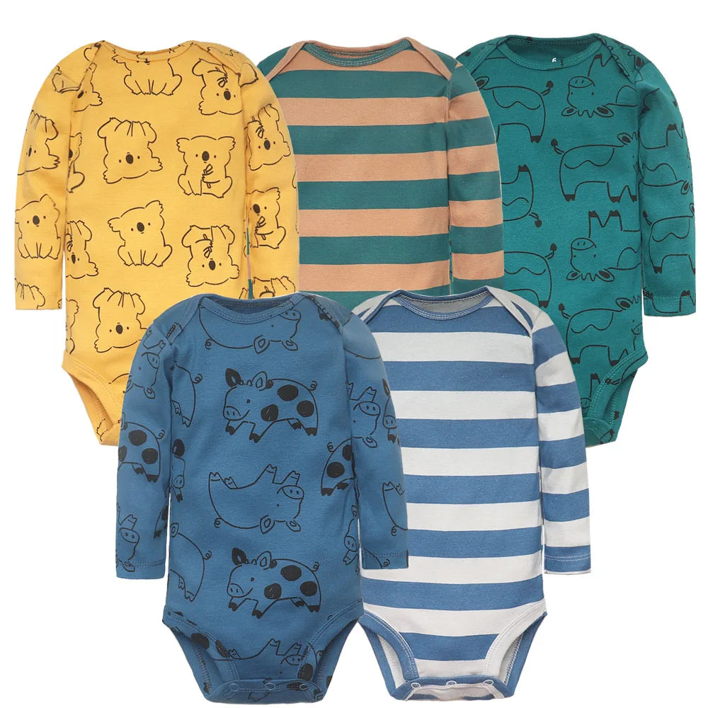 Soft Cotton Baby Bodysuits Set – 3 to 5 PCS Long Sleeve Infant Romper for Boys & Girls - Cute Cartoon Jumpsuit for All Seasons