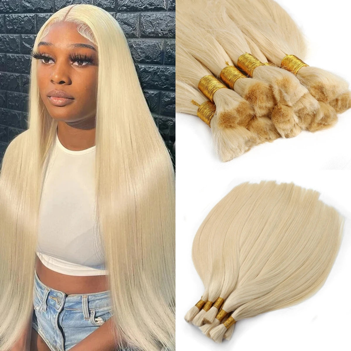 100% Human Hair Extensions Blonde ~613 Straight Hair Bulk For Braiding ~No Weft