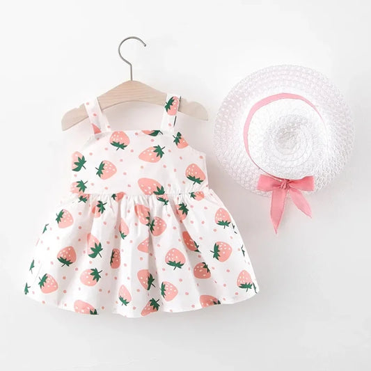 Sweet Summer Baby Girl Strawberry Dress with Matching Hat – Sleeveless Vacation Outfit for 1–2 Years