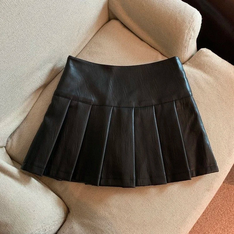 Women Vintage Mini Leather Pleated Skirt