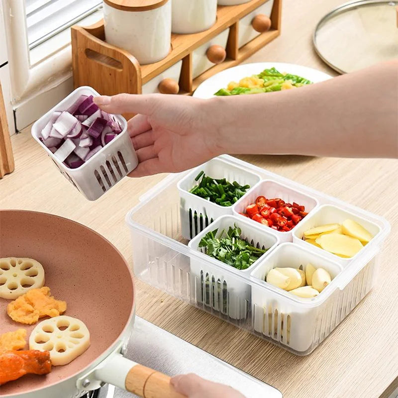 Multi-Grid Refrigerator Fresh-Keeping Box – Garlic, Onion, Ginger, Vegetable & Fruit Storage with Drain Basket