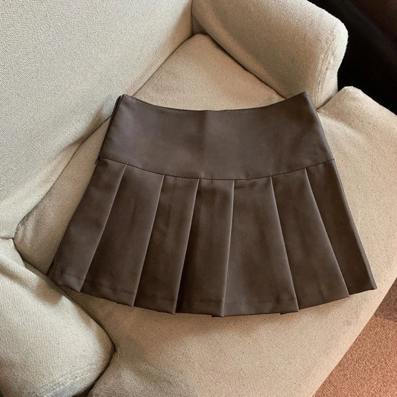 Women Vintage Mini Leather Pleated Skirt