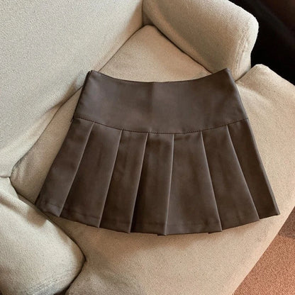 Women Vintage Mini Leather Pleated Skirt