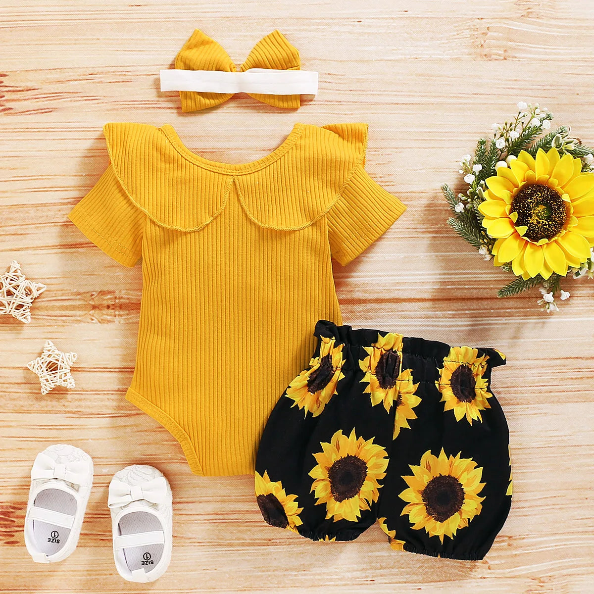 Adorable Baby Girl Summer Outfit Set – Floral Print Ruffle Top with Matching Headband & Shoes | Sizes 3M–24M