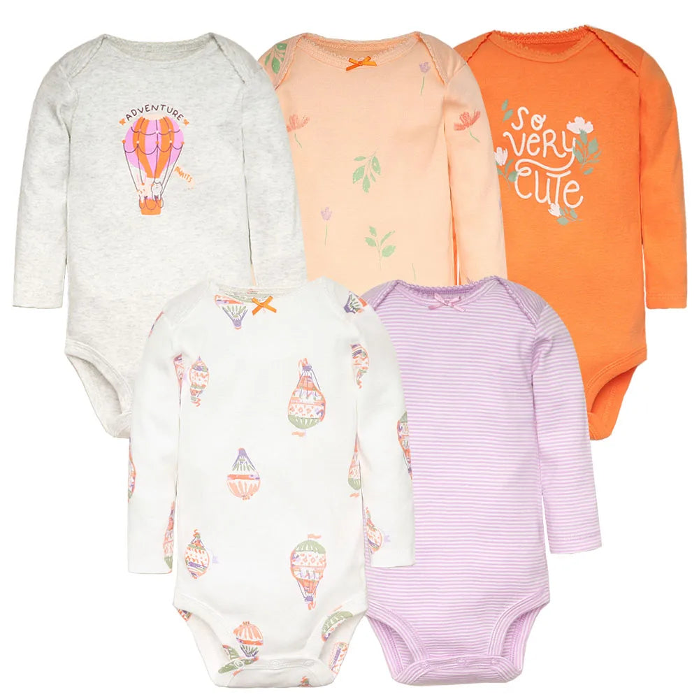 Soft Cotton Baby Bodysuits Set – 3 to 5 PCS Long Sleeve Infant Romper for Boys & Girls - Cute Cartoon Jumpsuit for All Seasons