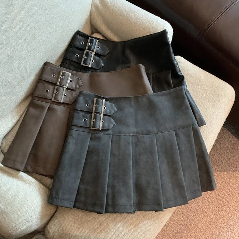 Women Vintage Mini Leather Pleated Skirt