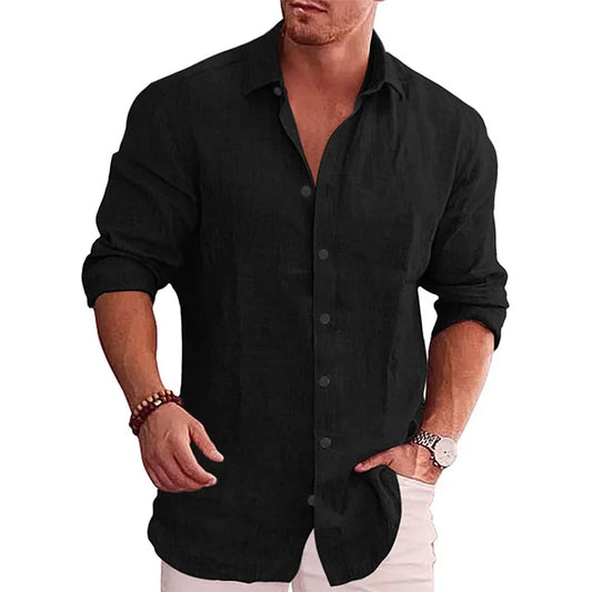 Men’s Casual Long Sleeve Cotton Linen Shirt – Lightweight Breathable Spring & Autumn Button-Down Top
