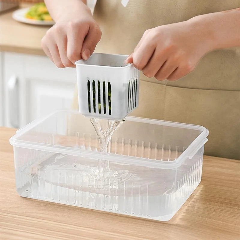 Multi-Grid Refrigerator Fresh-Keeping Box – Garlic, Onion, Ginger, Vegetable & Fruit Storage with Drain Basket