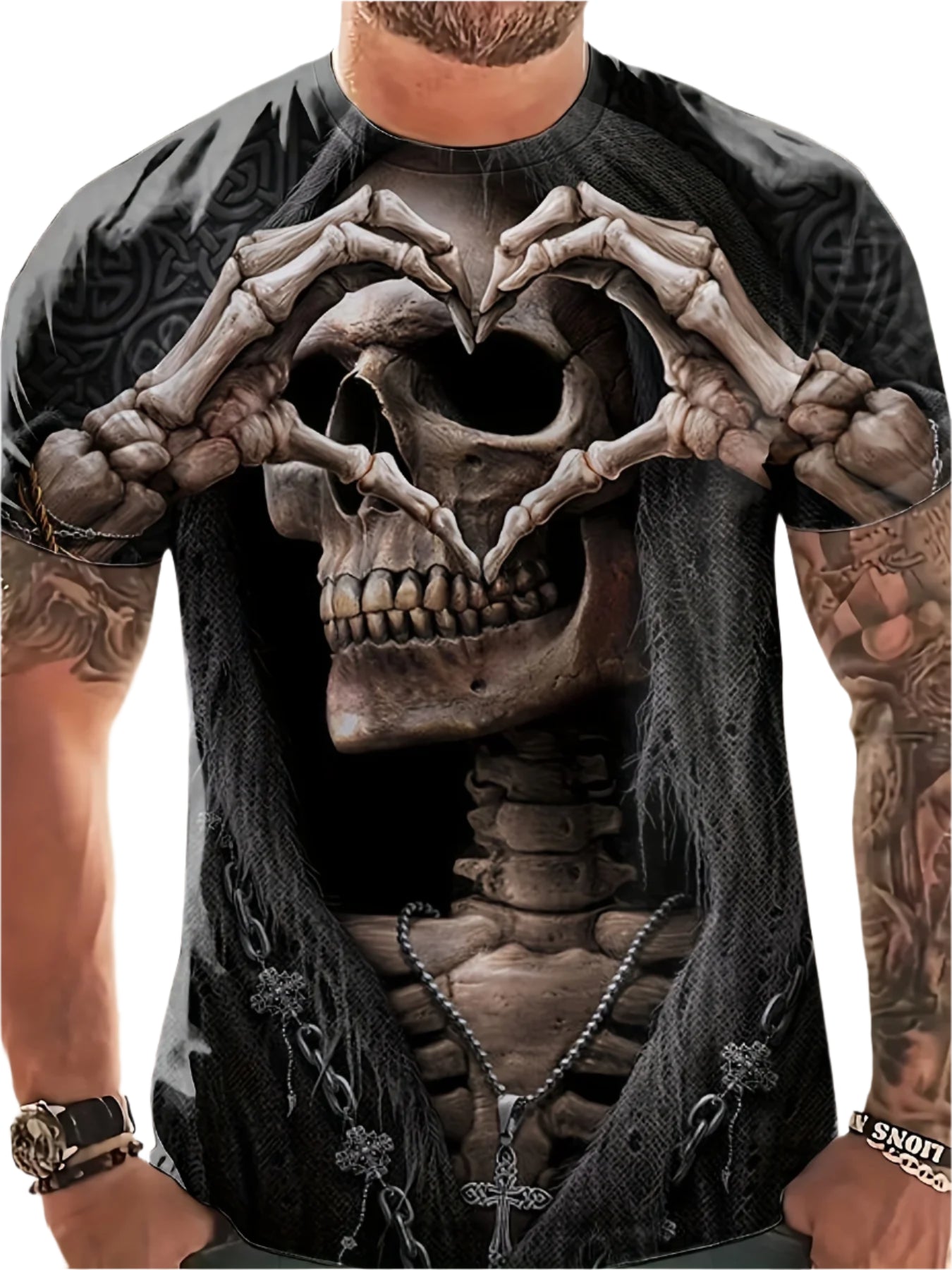 Gothic Skull Heart Hands Graphic Men's Casual T-Shirt – Cool Black Short Sleeve Crewneck Streetwear Tee