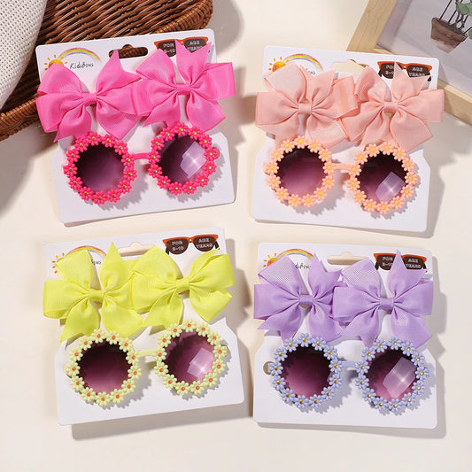 3-Piece Cheer Bow Hair Clip & Retro Flower Sunglasses Set – Handmade Cute Kids Accessories
