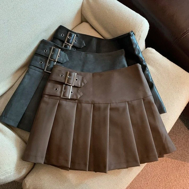 Women Vintage Mini Leather Pleated Skirt