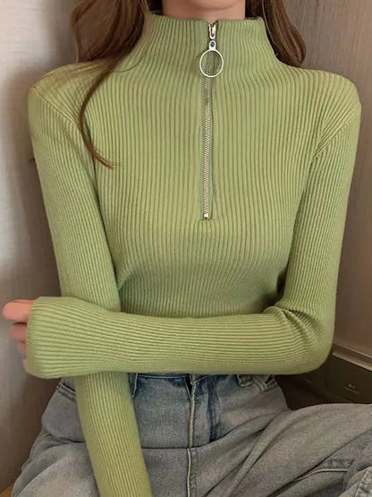 Chic Knitted Zip-Up Sweater – Vintage Half Turtleneck