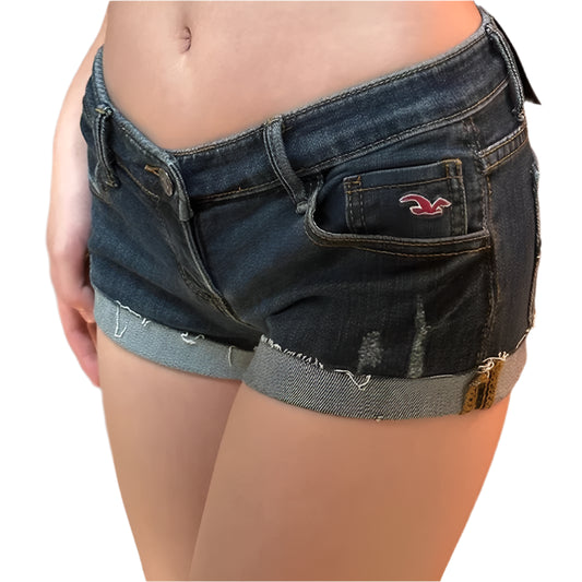 Summer 2024 Women’s Sexy High-Waisted Denim Shorts – Slim Fit, Elastic Low Waist Hot Pants with Pockets & Button Detail – Deep Blue Club Style