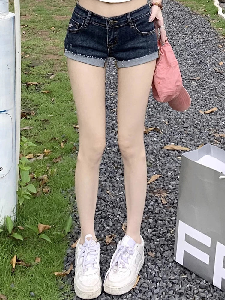 Summer 2024 Women’s Sexy High-Waisted Denim Shorts – Slim Fit, Elastic Low Waist Hot Pants with Pockets & Button Detail – Deep Blue Club Style