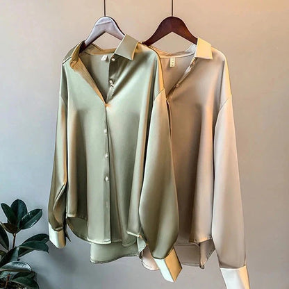 Elegant Satin Long Sleeve Button-Up Shirt