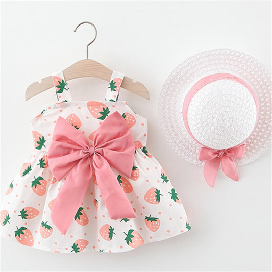 Sweet Summer Baby Girl Strawberry Dress with Matching Hat – Sleeveless Vacation Outfit for 1–2 Years